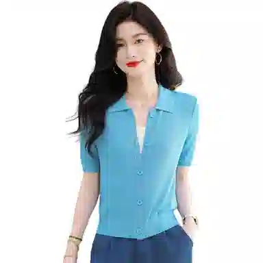 恒源祥 通勤气质百搭翻领高级感纯色短袖针织衫 女款