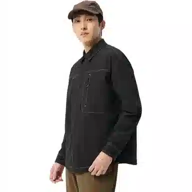 探路者 纯色翻领纽扣百搭透气长袖衬衫 男款 黑色