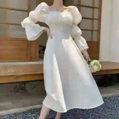 棉购 法式甜辣绑带纯色泡泡袖方领通勤高腰长袖连衣裙 女款