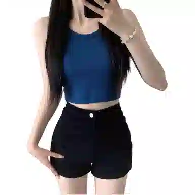 玉儿恋 美式复古高街舒适时尚简约水洗做旧纯色宽松休闲百搭日常潮流直筒牛仔短裤 女款 黑色（弹力短裤）