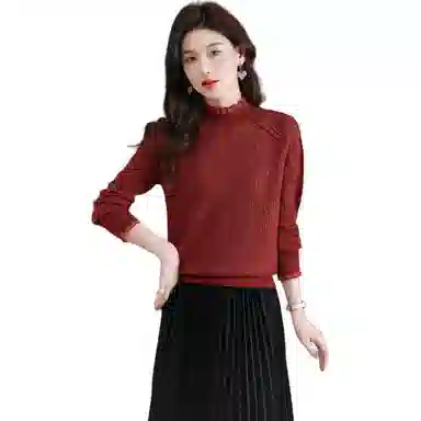 恒源祥 半高领花边蕾丝拼接打底纯色长袖针织衫 女款