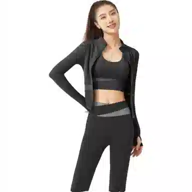 欧迪芬  欧若风蜜桃拼色三件套裸感无缝外套免穿胸垫文胸背心瑜伽裤速干跑步健身服套装出游运动普拉提臀高腰高弹力显瘦  瑜伽套装  女款