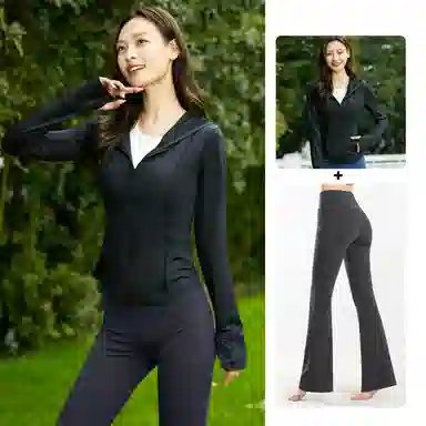 欧迪芬 修身连帽春夏冰丝防晒服凉感短款显瘦外套微喇叭裤两件套速干时尚运动风轻盈舒适感防晒衣透气性好时尚设计显瘦效果健身套装 女款