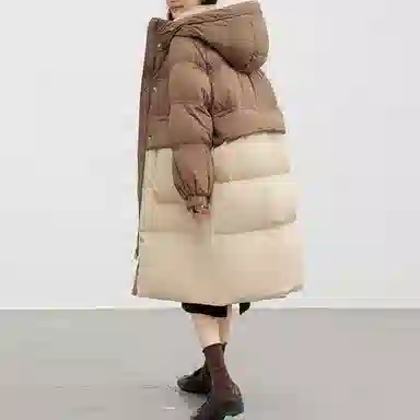 鸭鸭 撞色连帽加厚保暖长款长袖羽绒服 女款