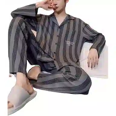 欧迪芬 休闲高级感纯棉条纹翻领开衫长袖长裤可外穿睡衣套装 男款 图色