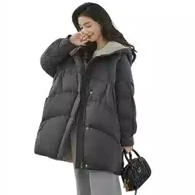 鸭鸭 纯色连帽中长款加厚保暖拉链羽绒服 女款