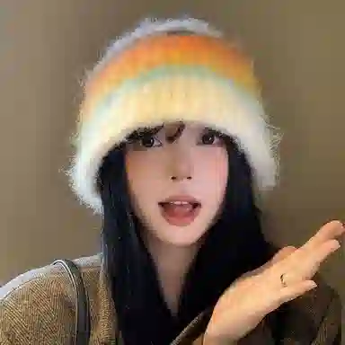 【秋冬日必备~多巴胺】 攸委 韩版通勤百搭可爱拼色彩色条纹针织渔夫帽女冬季保暖 羊驼毛混纺 毛绒毛线帽护耳冷帽盆帽 男女同款情侣款