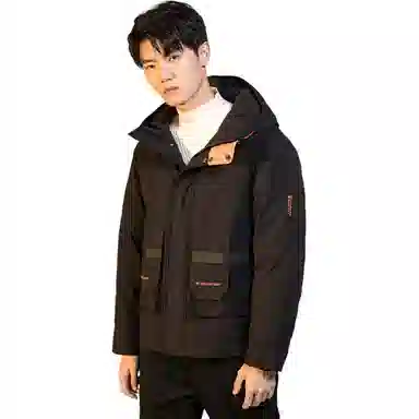 鸭鸭 短款纯色连帽拉链长袖羽绒服 男款 黑色