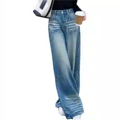 美洋 纯色休闲高腰牛仔裤 女款 蓝色