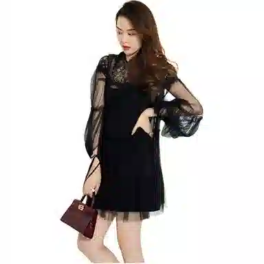 美洋 蕾丝网纱长袖连衣裙 黑色