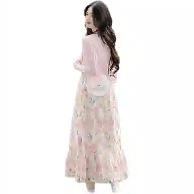 茵曼 碎花图案吊带无袖连衣裙 粉色