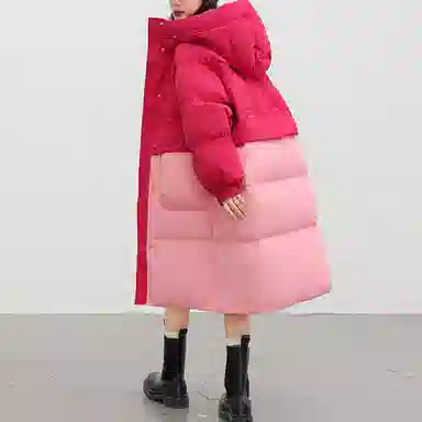 鸭鸭 撞色连帽加厚保暖长款长袖羽绒服 女款