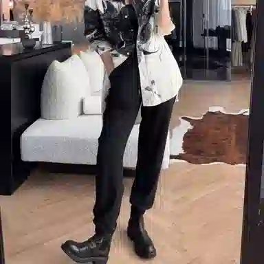 美洋 纯色高腰束脚九分休闲裤 女款 深灰色