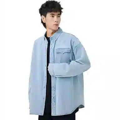 中国李宁 黄金年代 水洗字母图案印花单排扣牛仔长袖衬衫 男款 浅蓝色