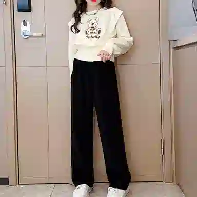 唐狮童装舒适细腻柔和亲肤上衣直筒长裤休闲运动套装 儿童款 米白色