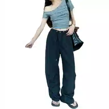 黛尔佳人 抽绳设计高腰显瘦阔腿工装裤 女款