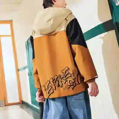 鸿星尔克儿童 时尚洋气休闲百搭加厚连帽拼色长袖夹克外套 枯竹褐 青少年