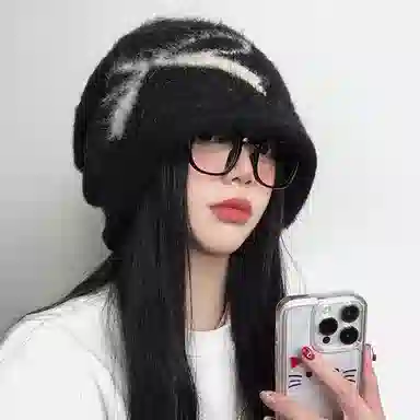 【版型好~秋冬必备】 攸委 蝴蝶结黑色堆堆帽女冬季保暖加厚时尚百搭 涤纶 复古大头围显脸小针织冷帽护耳帽包头帽子 男女同款情侣款