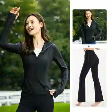 欧迪芬 修身连帽春夏冰丝防晒服凉感短款显瘦外套微喇叭裤两件套速干时尚运动风轻盈舒适感防晒衣透气性好时尚设计显瘦效果健身套装 女款