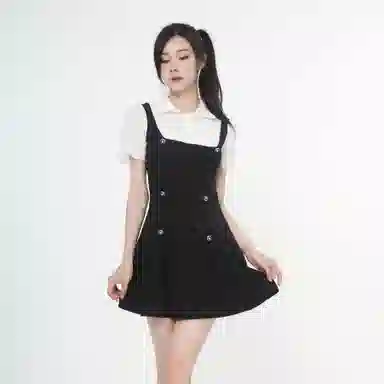 御茶家 学院风纯色收腰假两件托胸小香风短袖连衣裙 女款 黑色
