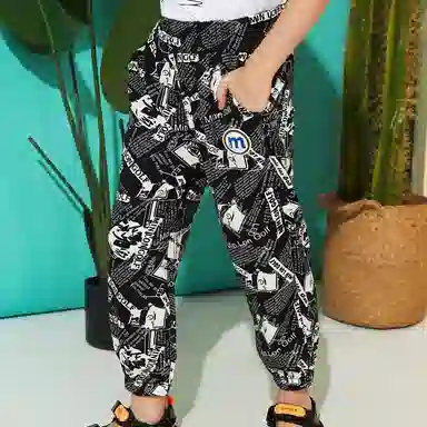 十月妈咪 童装 满印防蚊休闲裤 男童 黑色