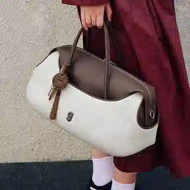 古良吉吉 通勤时尚拉链开合 头层牛皮 棒球波士顿包单肩斜挎包 大号 女款 帆布白/帆布黑/复古牛仔