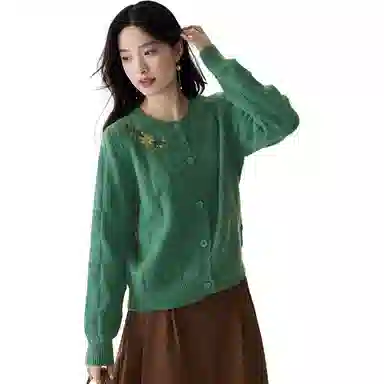 茵曼 复古提花圆领开衫长袖毛衣 女款