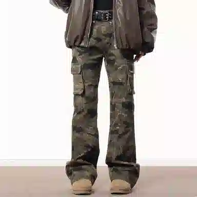 玉儿恋 美式微喇工装多口袋迷彩中腰显腿长痞帅炸街裤子修身伐木卡哈特长学生通勤百搭复古加绒加厚直筒休闲裤 男女同款