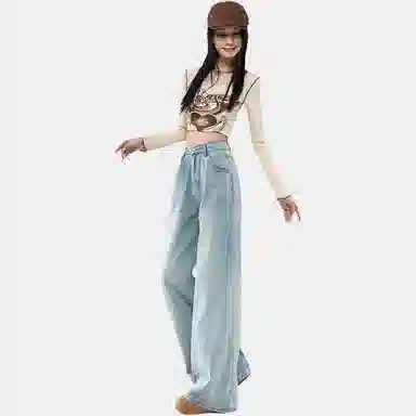 木清清 宽松阔腿高腰百搭垂感拖地牛仔裤 女款