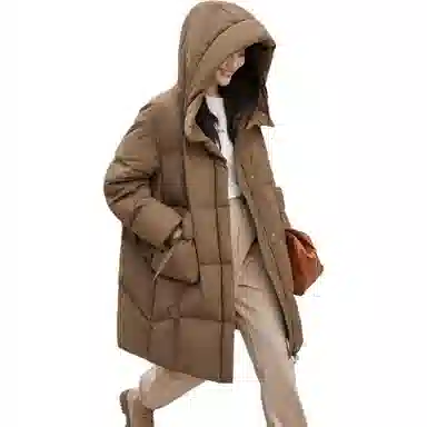 鸭鸭 纯色宽松连帽保暖中长款长袖羽绒服 女款