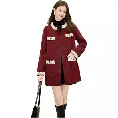 她池 圆领单排扣中长款蕾丝拼接夹克外套 女 红色