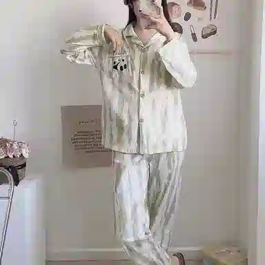 夏芬妍 简约舒适休闲不规则条纹熊猫印花翻领开衫纯棉家居服亲肤柔软长袖长裤可外穿睡衣礼盒 女款 浅绿色