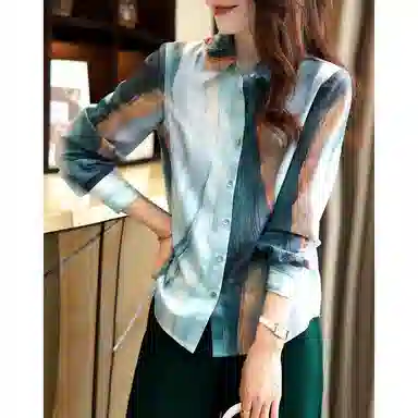 【dme】 休闲简约印花长袖衬衫 女款 雾蓝