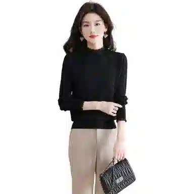 恒源祥 半高领花边蕾丝拼接打底纯色长袖针织衫 女款