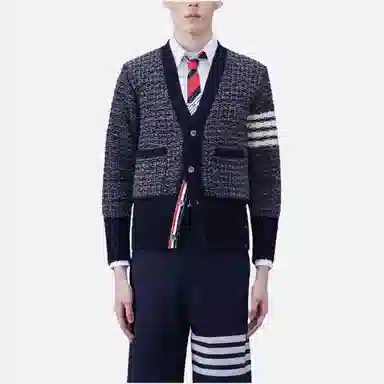 THOM BROWNE Mohair Tweed 4-Bar Classic V-Neck Cardigan V