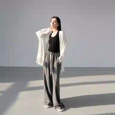 周淼 双压线撞色抽绳运动裤女松紧腰阔腿垂感针织休闲卫裤 女款