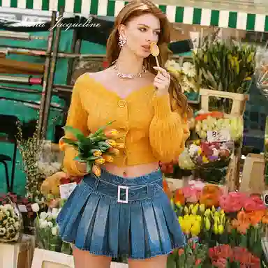 Nana Jacqueline Vintage Pleated Denim Skirt Blue