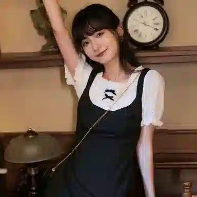 小镇姗姗 复古甜美假两件撞色短袖连衣裙 黑白