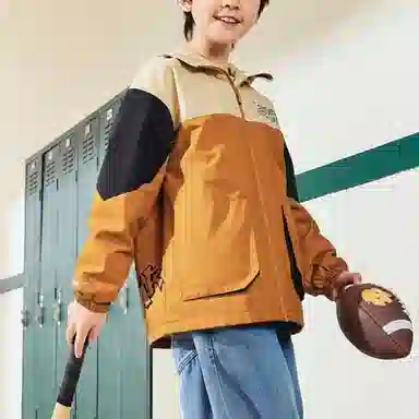 鸿星尔克儿童 时尚洋气休闲百搭加厚连帽拼色长袖夹克外套 枯竹褐 青少年