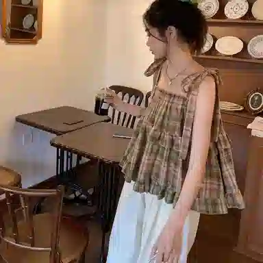 玉儿恋 格子套头方领薄款系带吊带 女款 红色