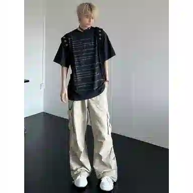 美式复古多口袋伞兵风宽松直筒阔腿休闲长裤牛仔裤 男女同款