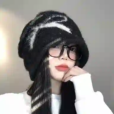 【版型好~秋冬必备】 攸委 蝴蝶结黑色堆堆帽女冬季保暖加厚时尚百搭 涤纶 复古大头围显脸小针织冷帽护耳帽包头帽子 男女同款情侣款