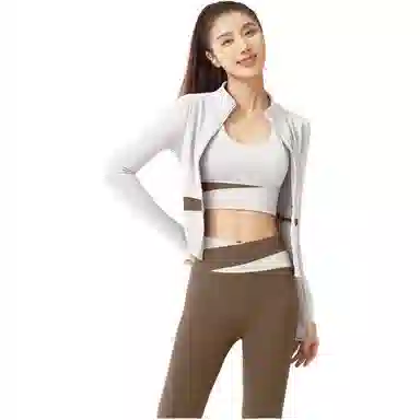 欧迪芬  欧若风蜜桃拼色三件套裸感无缝外套免穿胸垫文胸背心瑜伽裤速干跑步健身服套装出游运动普拉提臀高腰高弹力显瘦  瑜伽套装  女款