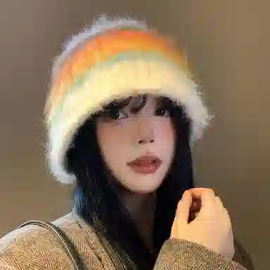 【秋冬日必备~多巴胺】 攸委 韩版通勤百搭可爱拼色彩色条纹针织渔夫帽女冬季保暖 羊驼毛混纺 毛绒毛线帽护耳冷帽盆帽 男女同款情侣款