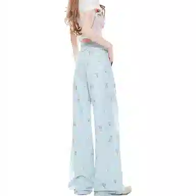 桴生 韩系夏季轻薄宽松蕾丝边碎花小狗印花休闲裤 女款