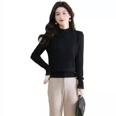 恒源祥 半高领花边蕾丝拼接打底纯色长袖针织衫 女款