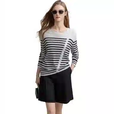 【dme】 舒适气质条纹圆领休闲慵懒套头针织衫 女款 米白