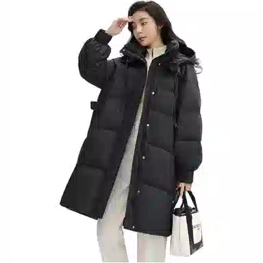 鸭鸭 高端中长款过膝面包服连帽羽绒服 女款