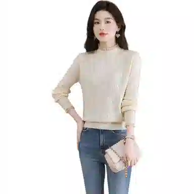 恒源祥 半高领花边蕾丝拼接打底纯色长袖针织衫 女款