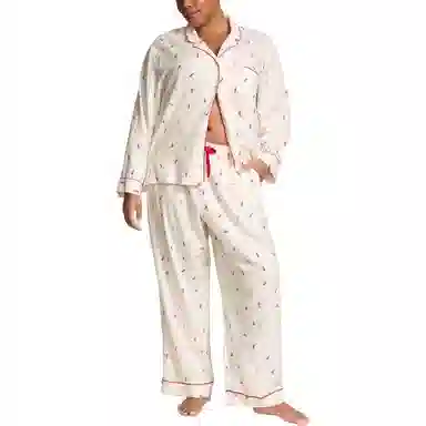 Victoria's Secret Flannel Long Pajama Set COCONUT WHITE SKIERS
